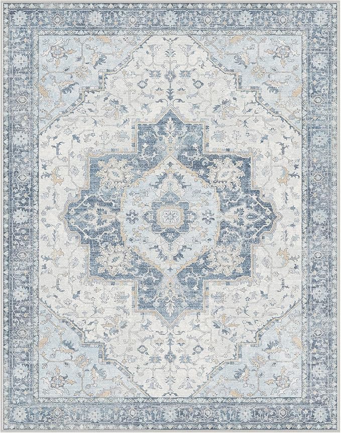 GENIMO 6x9 Area Rugs for Living Room, Machine Washable Non Slip Vintage Rugs, Low Pile Lightweight Chenille Print Rug for Bedroom, Dining Room, Home Office, Light Blue