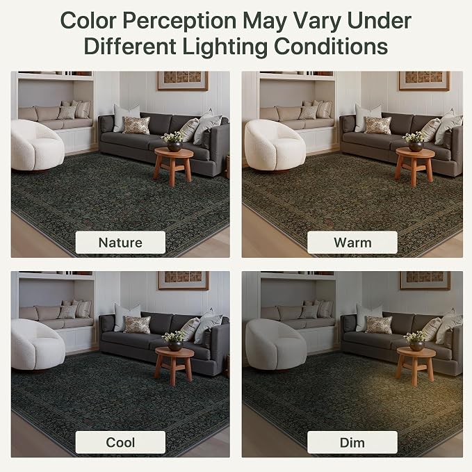 GENIMO 6x9 Washable Living Room Area Rug, Non Slip, Charcoal Green | Vintage Boho Floral Low Pile Thin Carpet for Bedroom, Dining Room, Nursery, Indoor Decor