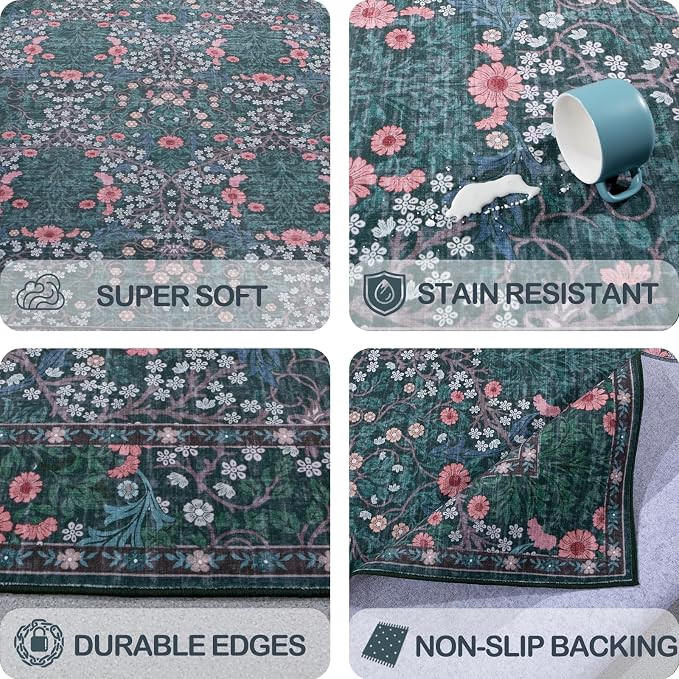 Vintage Green Living Room Rug, 9x12 Washable Area Rugs for Dining Room Under Table, Soft Low Pile Large Carpet Bedroom, Non-Slip Boho Floral (9 x 12 Green)