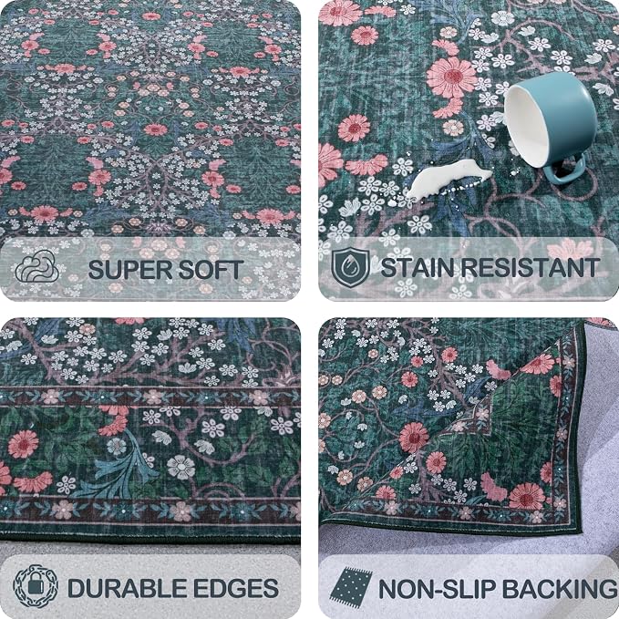 Washable 2'6" x 8' Runners for Hallways, Non Slip Long Floor Runner for Kitchen, Entryway Indoor, Stain Resistant Rubber Backing Floral Decor Rug (Green)