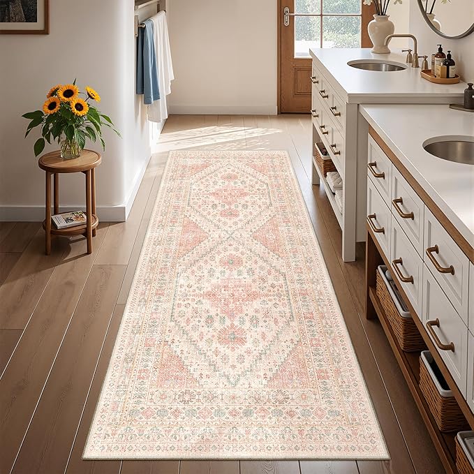 2x5 Rug Runner Washable for Entryway, Soft Bathroom Rugs with Non-Slip Backing,Vintage Low Pile Stair Runner, Small Kitchen Carpet for Hallways, Laundry Room(Pink,2'x5')