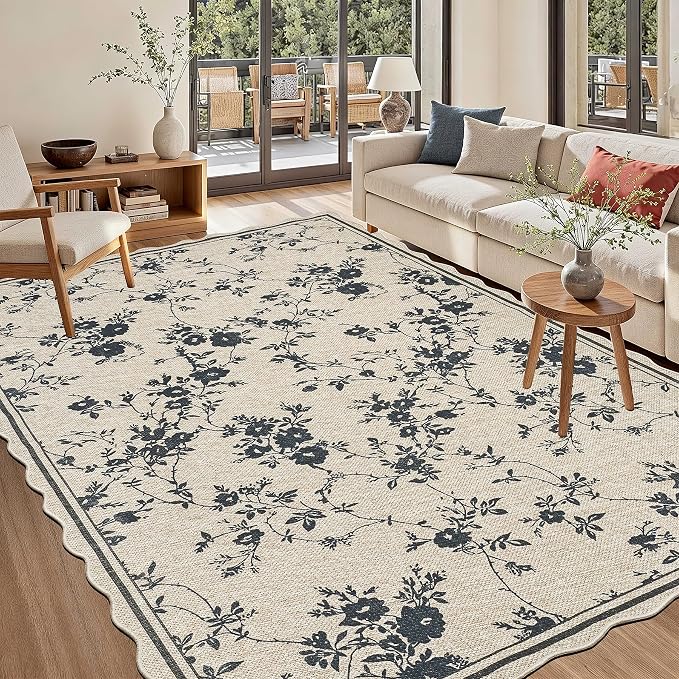 ORTIGIA Scalloped Easy Jute 5x7 Area Rug Vintage Black Floral Farmhouse Washable Rug Non-Slip Indoor Outdoor Carpet for Living Room Bedroom Patio Entryway