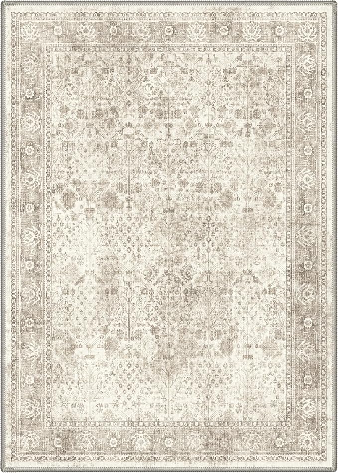 Bavni Washable Rugs 8x10 Machine Washable Rug Lightweight Low Pile, Vintage Floral Rug Non-Shedding Distressed Throw Carpet for Living Room Bedroom Office, Beige