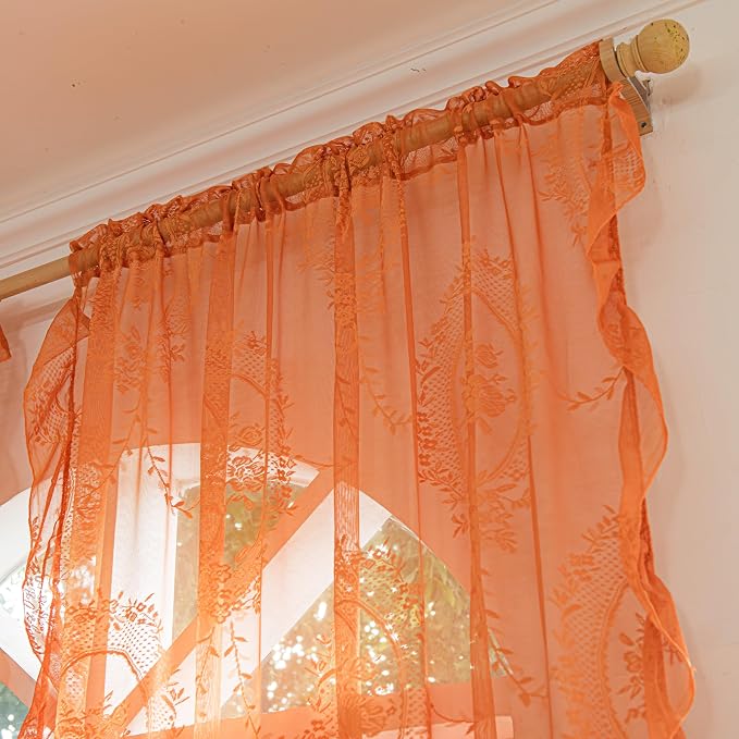Sutuo Home Lace Curtains 108 Inches Long 2 Panels, Boho Sheer Embroidery Ruffled Vintage Bohemian Chic Window Treatment Pair for Bedroom Living Room Halloween Decor, Rod Pocket, W57 x L108,Orange