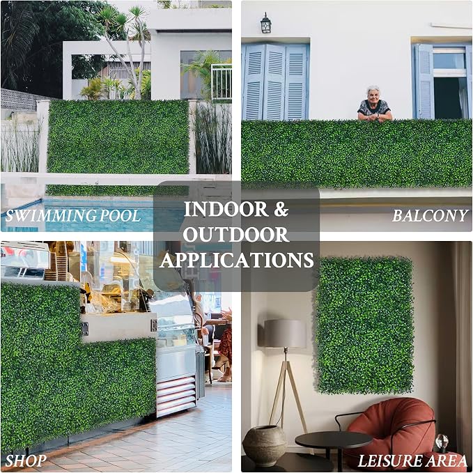Artificial Grass Wall Panel,10"x 10"(12P) 4-Layer Leaf UV-Anti Greenery Faux Boxwood for Indoor,Outdoor Patio Balcony Privacy & Ivy Fence Covering Privacy, Garden, Backyard Wall Backdrop Decor