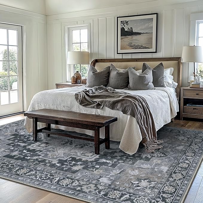 GENIMO 9x12 Area Rugs for Living Room, Machine Washable Non Slip Vintage Rugs, Low Pile Lightweight Print Rug for Bedroom, Dining Room, Home Office,Dark Gray