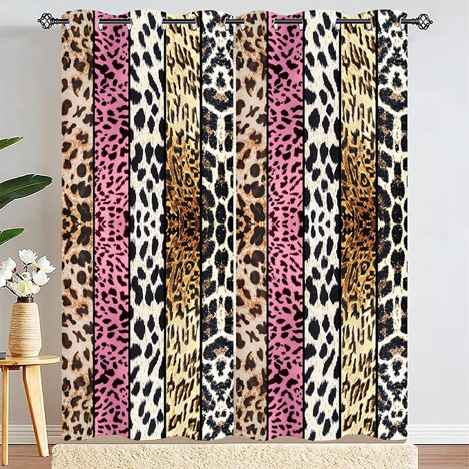 Wild Animal Print Curtain, Room Darkening Thermal Insulated Blackout Leopard Boa Window Drapes with Grommets for Living, Dining, Bedroom, Pink Leopard Print, 42"x 90", 2 Panels