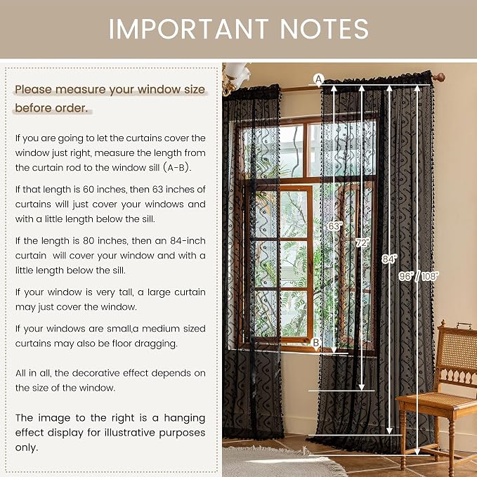 WAZZIO Boho Lace Curtains 63 Inch -Vintage Victorian Sheer Panel Drape Floral Pattern & Tassel Light Filtering Privacy for Bedroom Dining Living Room,Black Gothic Halloween Decor,2 Panels,W52 x 63L