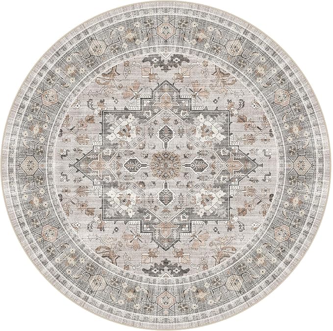 8ft Round Area Rug: Washable Vintage Neutral Soft Non Slip Thin Large Floor Carpet for Living Room Bedroom Kitchen Dining Room Home Office Farmhouse Indoor - Taupe