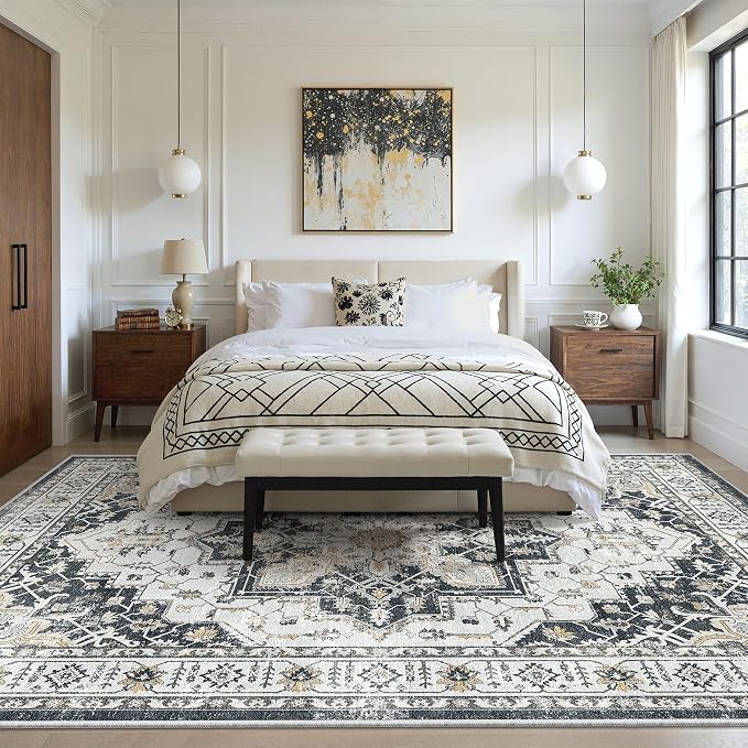 zesthome Washable Rug 6x9 Area Rugs,Stain Resistant Rugs for Living Room,Bedroom,Non-Slip Backing Home Decor Rug, Vintage Medallion Pattern Rugs (Black,6'x9')