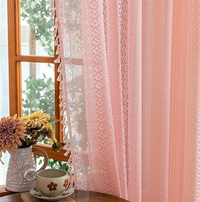 Sutuo Home Lace Sheer Boho Curtains for Bedroom Dining Room, Soft Plush Pink Bohemian Crochet Tassels Farmhouse Window Curtains Drapes Vintage Chic Decor, Rod Pocket 1 Panel 59" W x 96" L, Light Pink