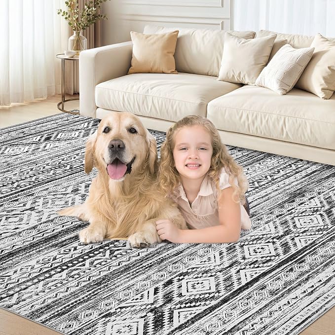 cotiled 5x7 Area Rugs Living Room Rug: Washable Boho Rugs with Non Slip Backing Large Soft Indoor Stain Resistant Carpet for Bedroom Farmhouse Dining Room Lightweight Home Decor White/Black