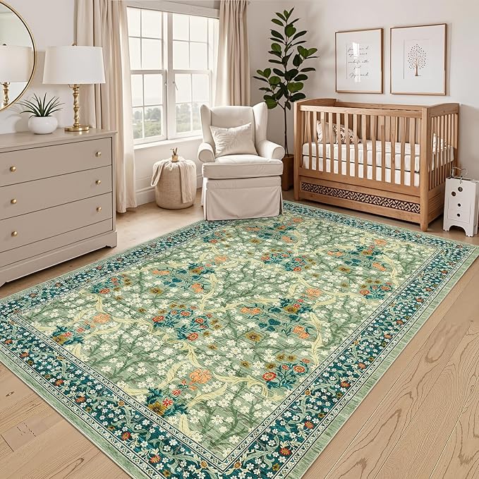 GarveeHome Floral Area Rugs 5x7, Sage Green Washable Rug for Living Room, Bedroom, Low Pile Non Slip Stain Resistance Indoor Boho Carpet Mat for Farmhouse, Dining Room, Office