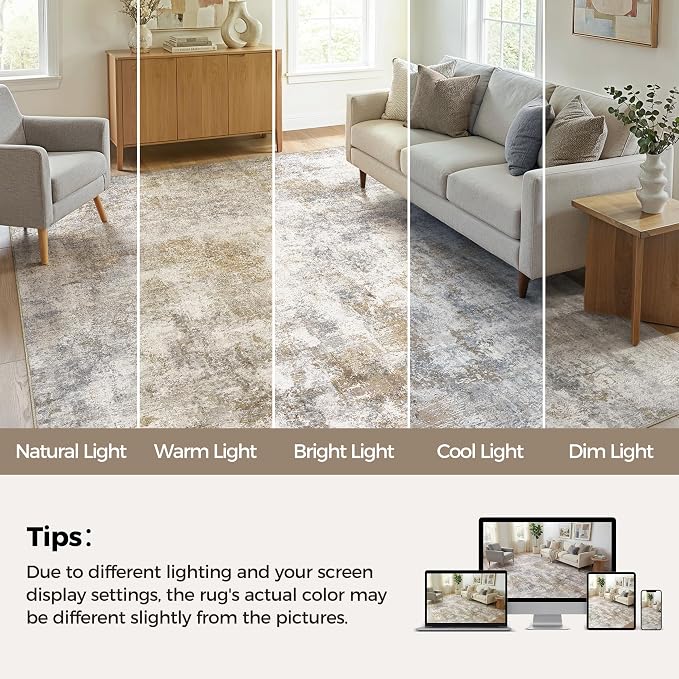 WITSHOCK Area Rugs 8ft Round Living Room Rug - Washable Neutral Soft Low Pile Non-Slip Modern Abstract Thin Large Indoor Carpet for Bedroom Dining Room Nursery Office - Light Brown Grey