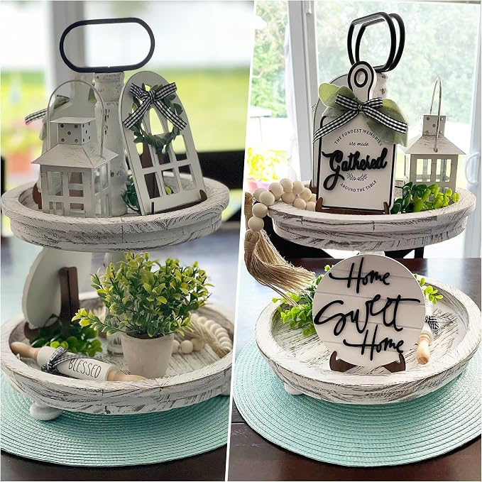 Houmury Set of 17 Farmhouse Tiered Tray with 1 Lantern Artificial Plant& Cutting Board Sign for Rustic Home Sweet Home Kitchen Decor Tier Tray Decor Set