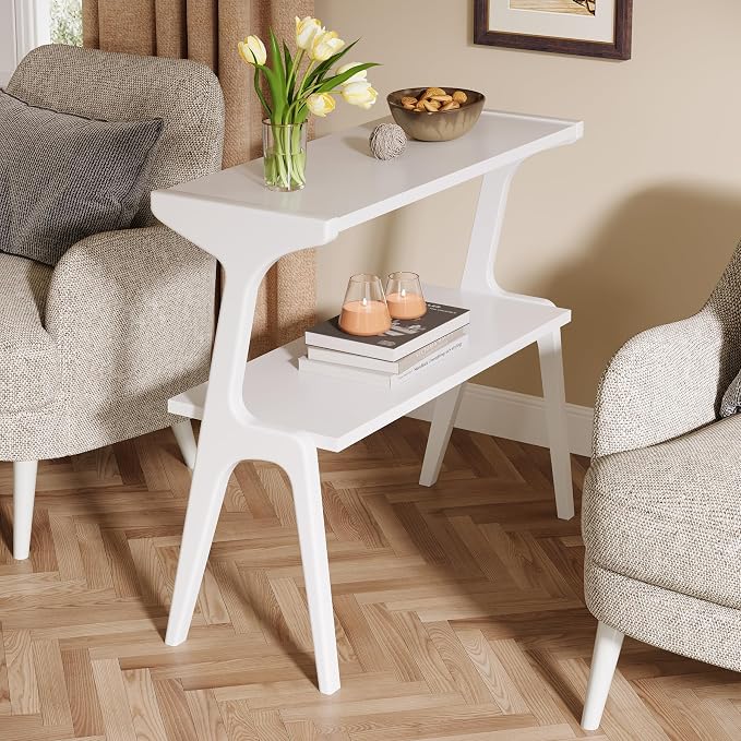 Tribesigns 2-Tier Solid Wood Side Table, Modern White End Table with Storage Shelves, Tall Slim Side Table for Couch with Unique Legs, Long Bedside Table for Bedroom, Living Room