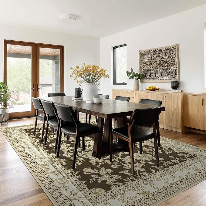 Brown Floral Area Rugs 6x9 Living Room, Brown with Cream Beige Flower Design Low-Pile Washable Rugs for Bedroom Dining Room, Vintage Modern Farmhouse Boho Indoor Floor Carpet Kids Playroom