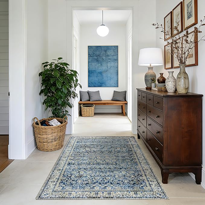 BILEEHOME Vintage Blue Kitchen Rugs 2x3 Dark Blue Distressed Low Pile Area Rug for Entryway Bathroom Washable Non Slip Boho Retro Floral Carpet for Side of Bed Entry 2 x 3