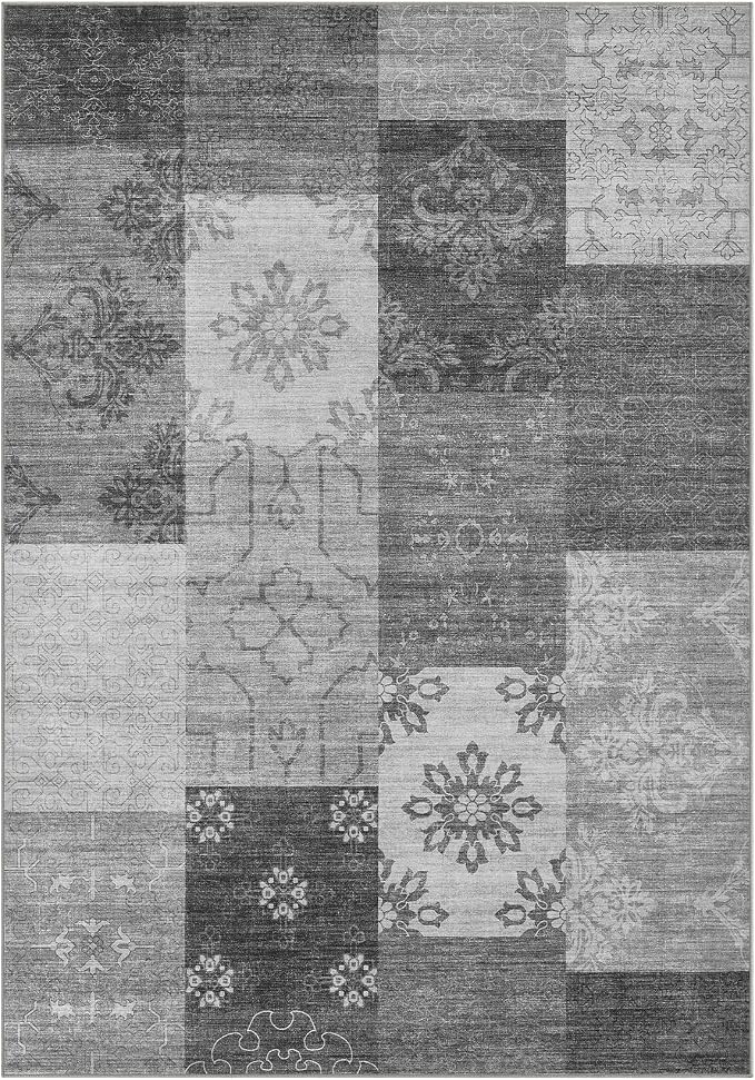 UERMEI 8x10 Area Rug for Living Room - Washable Vintage Carpet, Non-Slip Soft Large Indoor Floor Rugs for Bedroom Home Office & Under Dining Table Decor, Gray Block