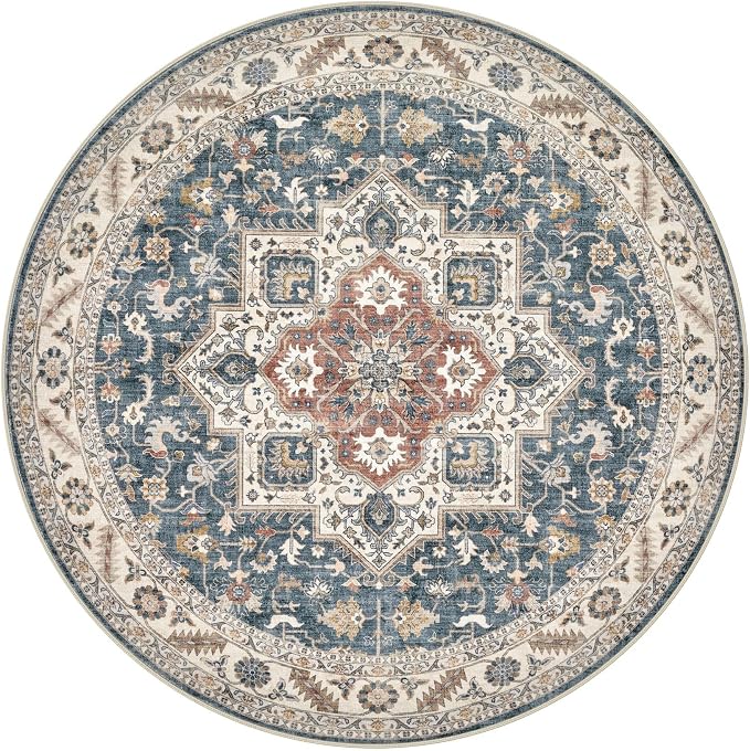 5ft Round Vintage Living Room Area Rug - 5x5 Large Soft Washable Oriental Traditional Distressed Farmhouse Rugs for Bedroom - Indoor Floor Accent Carpet for Home Office House Decor - Vintage Blue