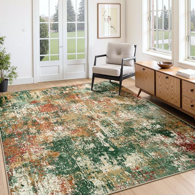 RELEANY Washable Area Rugs 7'x9' Non-Slip Modern Abstract Soft for Living Room Entryway Bedroom Kitchen, Print Pattern, Green Orange Rust Red Cream Colorful