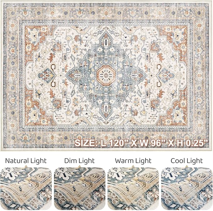 8x10 Area Rugs Living Room: Washable Boho Large Neutral Vintage Soft Rug Stain Resistant Distressed Farmhouse Non-Slip Indoor Floor Carpet for Bedroom Nursery Kids Office Dining Room- Beige Blue
