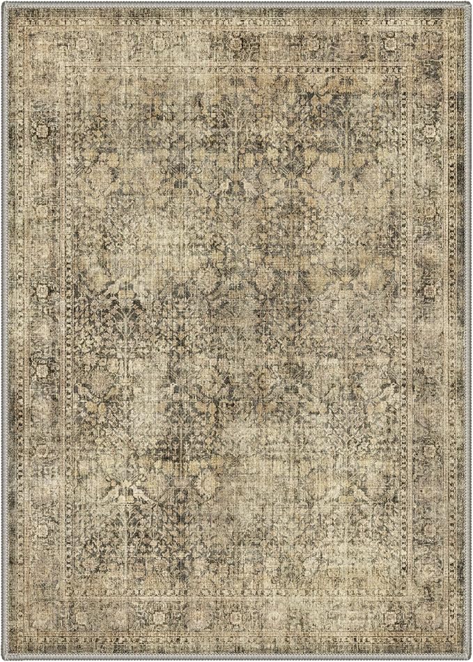Bavni Washable Rugs 8x10 Machine Washable Rug Lightweight Low Pile, Vintage Floral Rug Non-Shedding Distressed Throw Carpet for Living Room Bedroom Office, Brown