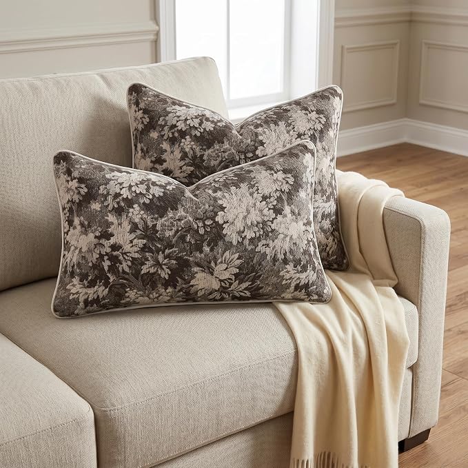 Vintage Floral Throw Pillow Covers 20x20 Inches Set of 2 Boho Farmhouse Pillow Cases Premium Chenille Textured Decorative Cushion Covers for Couch Retro Garden Farmhouse Style Coffee