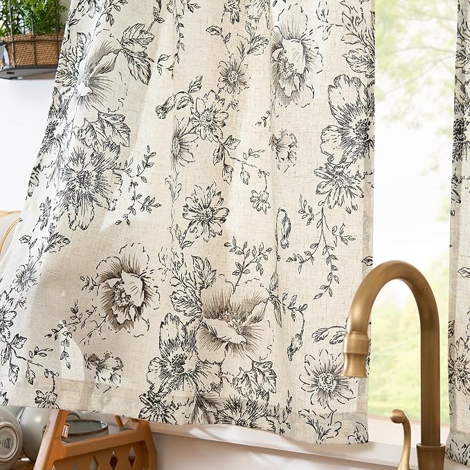 jinchan Floral Linen Tier Curtains 24 Inch Farmhouse Botanic Cafe Drapes for Small Windows Rustic Half Window Curtains for Kitchen Living Room Bathroom Laundry 2 Panels Black on Beige