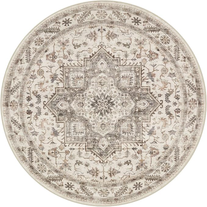 8ft Round Vintage Living Room Area Rug - 8x8 Large Soft Washable Oriental Traditional Distressed Farmhouse Rugs for Bedroom - Indoor Floor Accent Carpet for Home Office House Decor - Light Brown