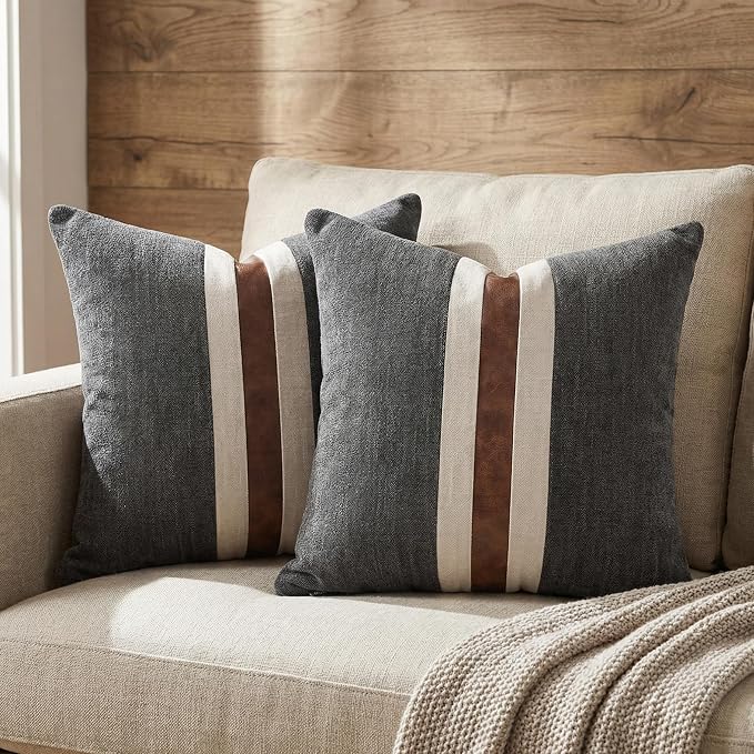 Set of 2 Leather Throw Pillow Covers Cotton Linen Decor Patchwork Pillow Cover Faux Leather Pillows Cover for Couch Sofa Living Room Bedroom,Black 20"x20"