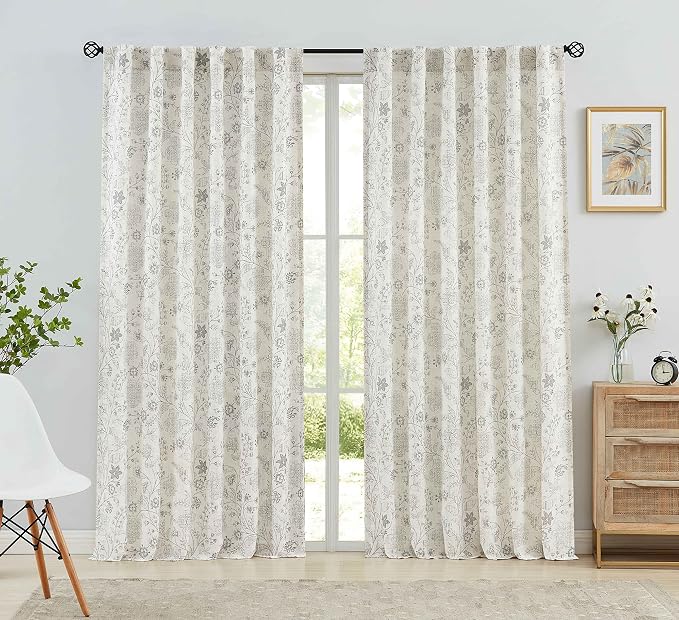 Vision Home Floral Linen Curtains 84 inch Long Rod Pocket Back Tab Farmhouse Light Filtering Botanical Print Window Curtains for Living Room Bedroom Semi Sheer Drapes Gray on Beige 2 Panels,54"Wx84"L