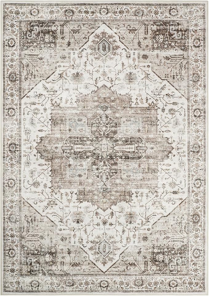 Roxstand 5x7 Area Rugs, Stain Resistant Machine Washable Area Rugs with Non-Slip Backing, Vintage Rugs for Bedroom, Living Room, Large Soft Low Pile Area Rug (White/Brown, 5'x7')