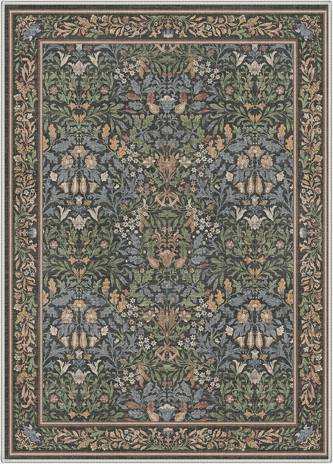 GENIMO 8x10 Washable Rug for Living Room, Non Slip, Charcoal Sage Green | Vintage Boho Floral Low Pile Thin Carpet for Bedroom, Dining Room, Nursery, Indoor Decor