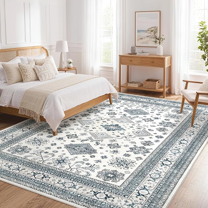 Vintage Living Room Area Rug 8x10 - Large Soft Washable Oriental Traditional Distressed Farmhouse Rugs for Bedroom - Indoor Floor Accent Carpet for Home Office House Decor - Powder Blue