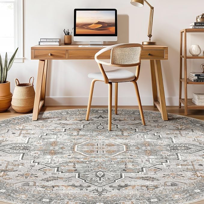 Round Rug Living Room Rugs: 7x7 Washable Boho Neutral Large Circle Soft Indoor Floral Stain Resistant Floor Farmhouse Carpet for Bedroom Nursery Kids Playroom Office Dining Room- Taupe