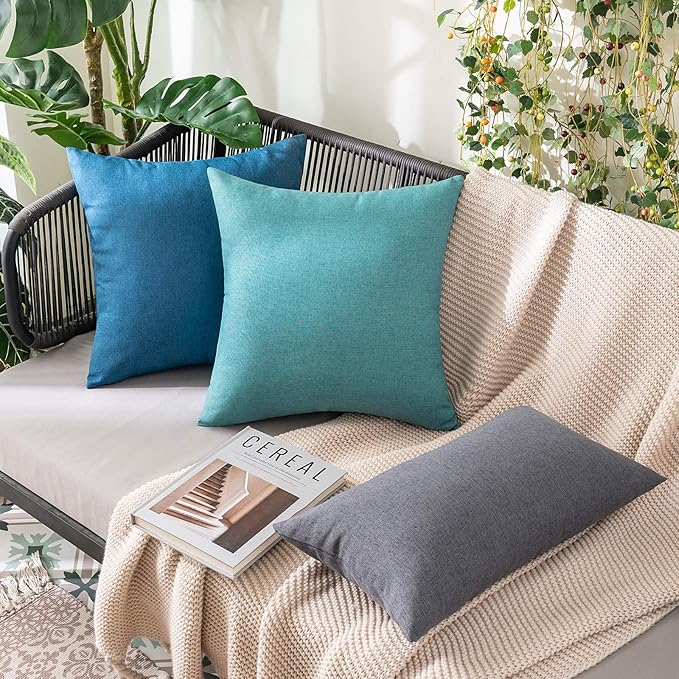 MIULEE Pack of 2 Decorative Outdoor Solid Waterproof Throw Pillow Covers Euro Sham Faux Linen Garden Farmhouse Coastal Cushion Cases for Summer Patio Tent Balcony Couch Sofa 24x24 Inch Turquoise
