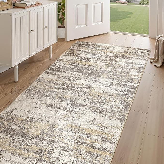 Hallway Washable Runner Rug: 3x8 Abstract Modern Soft Stain Resistant Non-Slip Backing Runner for for Entryway Kitchen Laundry - Gold Brown