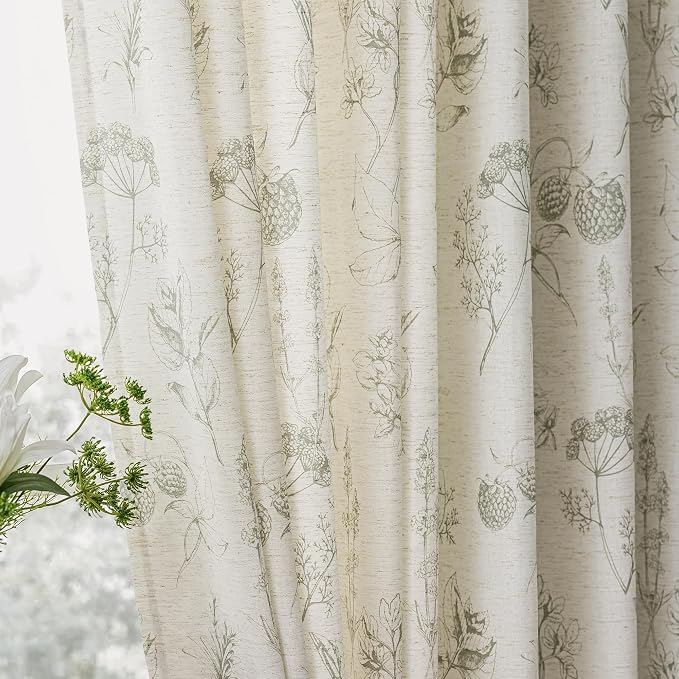 FMFUNCTEX Linen Curtains Floral Patterned Curtain for Bedroom Living Room, Sage Green Curtains 96 Inches Long Farmhouse, Light Filtering Beige Window Curtain Grommet Top 2 Panels Set