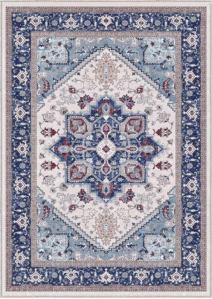 OPPODREAM Soft 10x14 Area Rugs, Washable Rugs 10x14 with Non Slip Backing, Low-Pile Faux Cashmere 10 x 14 Carpet, Navy Blue & Red & Cream