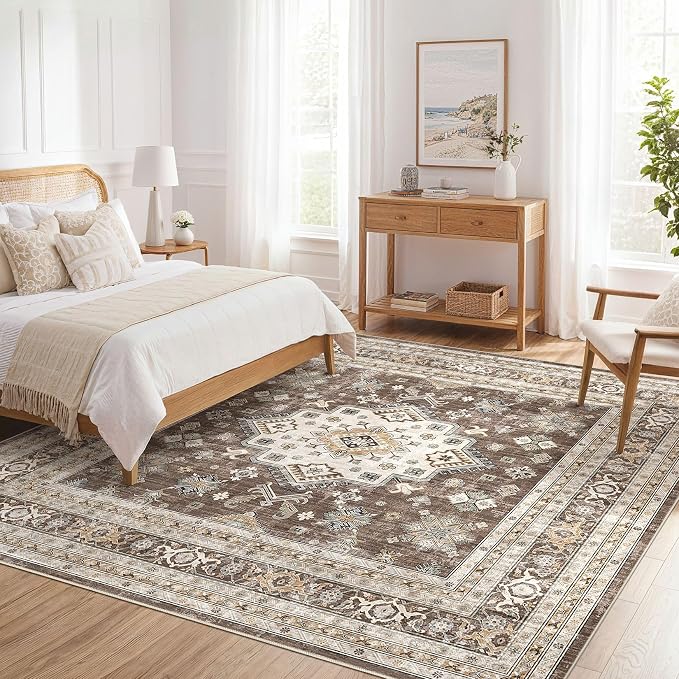 Vintage Living Room Square Area Rug 9x9 - Large Soft Washable Oriental Traditional Distressed Farmhouse Rugs for Bedroom - Indoor Floor Accent Carpet for Home Office House Decor - Dark Brown