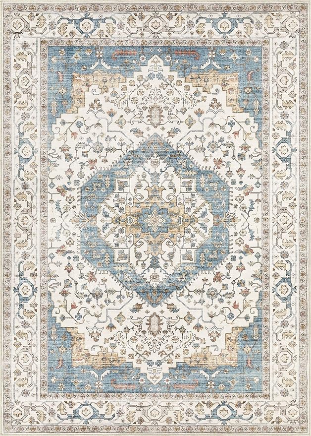 12x15 Area Rugs for Living Room - Large Carpet Ultra Thin Soft Washable Oriental Vintage Floral Distressed Big Indoor Carpets for Bedroom Nursery Dorm Home Decor Aesthetic - Blue/Beige