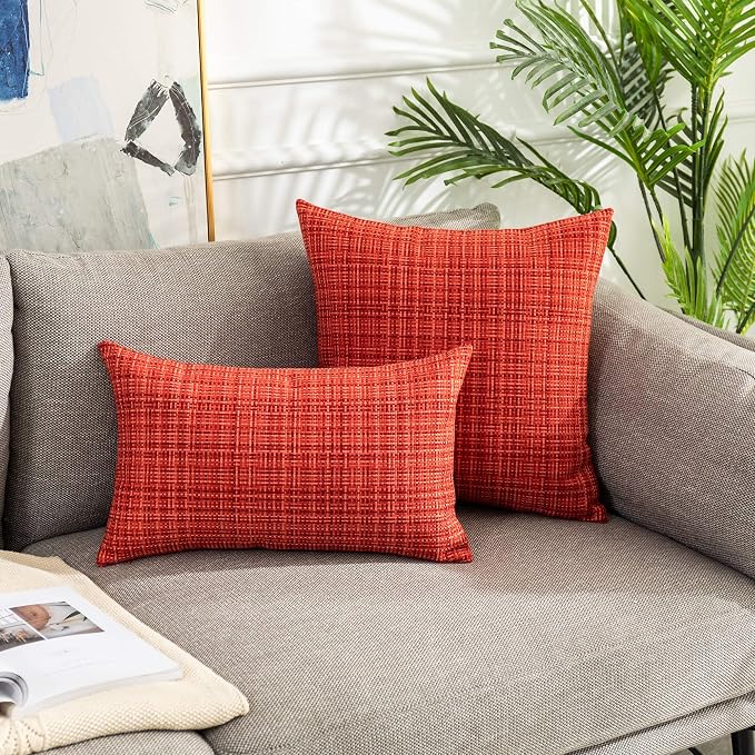 Kevin Textile Pack of 2 Valentines Decorative Outdoor Waterproof Throw Pillow Covers Stripe Square Pillowcases Modern Cushion Cases for Patio Couch Bench 18 x 18 Inch Red