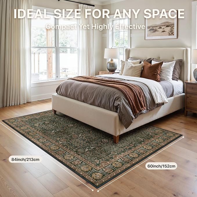 Bavni Area Rugs for Living Room, 5x7 Area Rugs Non-Slip Washable,Ultra-Thin Aesthetic Boho Rug for Bedroom Dinning Room Office, Dark Green/Multi