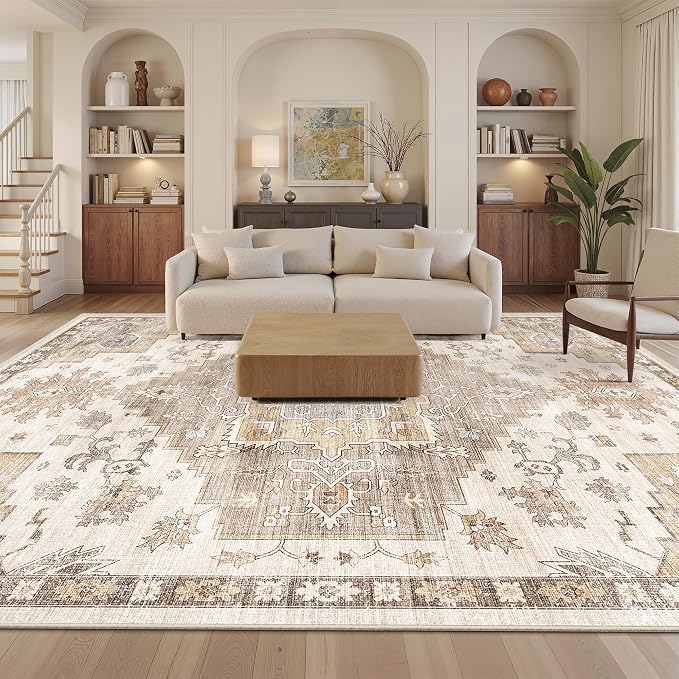 befbee 8x10 Area Rugs for Living Room, Stain Resistant Neutral Washable Rugs for Dining Rooms, Floral Vintage Non-Slip Thin Large Size Area Rug(Brown)