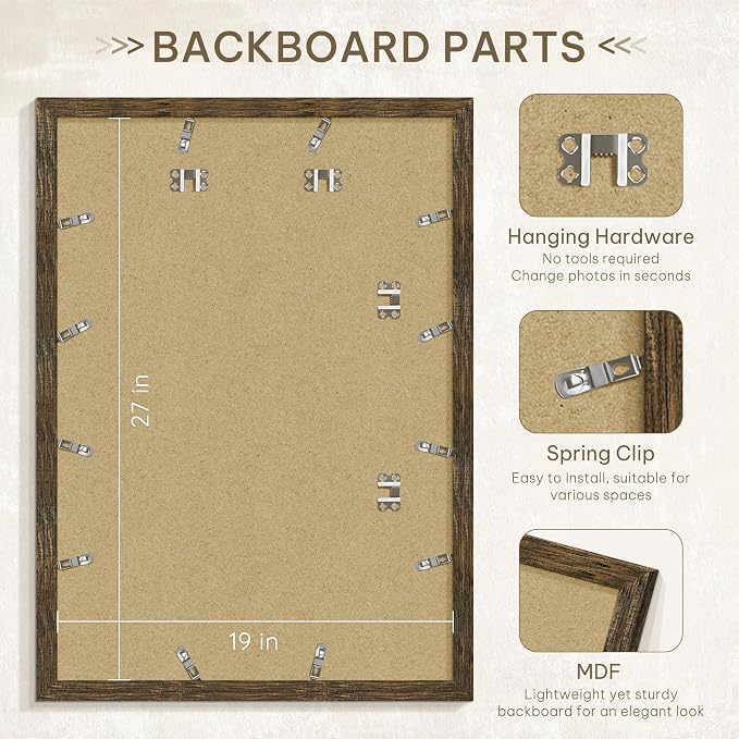 Picrit 19x27 Picture Frame 3 Pack, Wooden Brown Rustic Poster Frame, Display Poster 16 x 24 with Mat or 19 x 27 without Mat for Horizontal or Vertical Wall Mounting