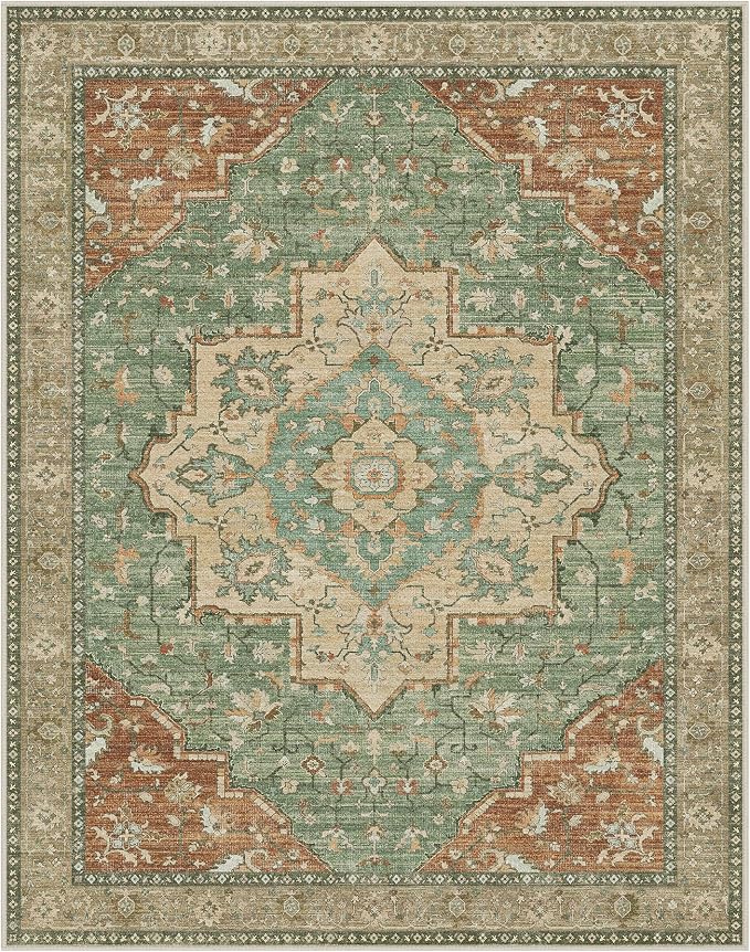 GENIMO 6x9 Area Rugs for Living Room, Machine Washable Non Slip Vintage Rugs, Low Pile Lightweight Chenille Print Rug for Bedroom, Dining Room, Home Office
