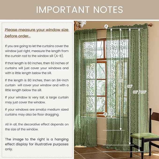 WAZZIO Boho Lace Curtains 2 Panels 96 Inches -Vintage Victorian Sheer Panel Drape French Country Floral Pattern & Tassel Light Filtering Privacy for Bedroom Dining Living Room,Dark Sage Green,W52x L96
