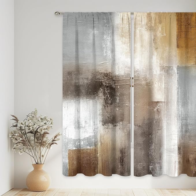 MESHELLY Grey Brown Curtains 52Wx84H Inch Rod Pocket Abstract Vintage Rust Tan Beige Modern Oil Painting Contemporary Bedroom Window Drapes Neutral Earth Tone Printed Living Room Window Treatment