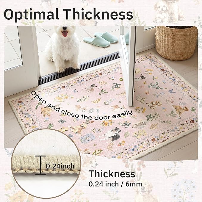 Soalmost Dog 6x9 Area Rugs for Living Room, Machine Washable Animal Floral Vintage Rug Non-Slip Low Pile Soft Throw Rugs for Bedroom Dining Room Kitchen Nursery Playroom (6 x 9,Pink)